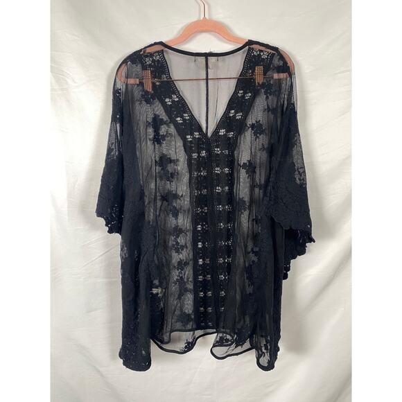 Forever 21 Women Black Mesh Embroidered Batwing Cover up Top Vneck Size S - Picture 2 of 8